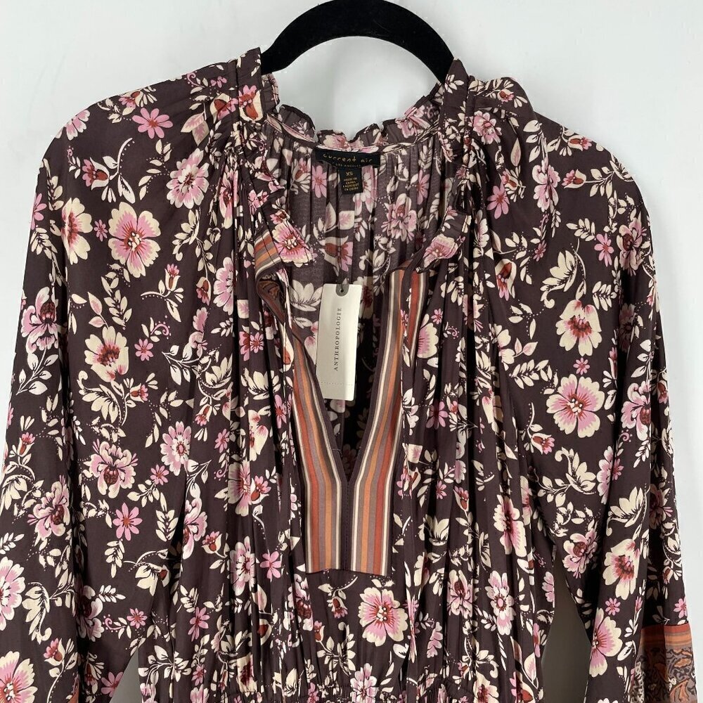 NWT Anthropologie Current Air Alyce Brown Floral Print Pleated Mini Dress XS - Picture 5 of 13